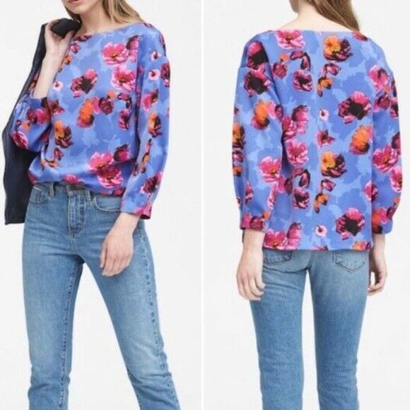 Banana Republic Purple Floral Boat Neck Blouse XS - Picture 1 of 8